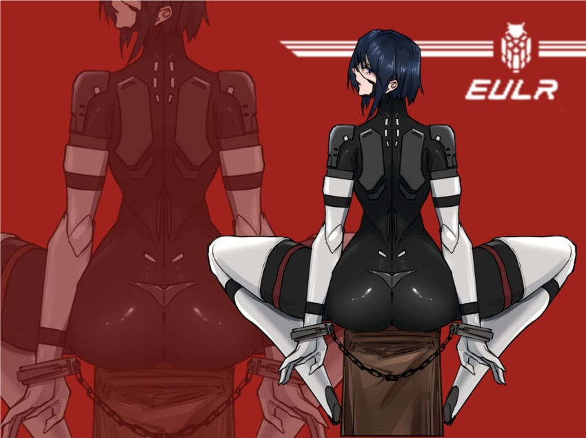 android ass blue_eyes elbow_gloves eulr_(signalis) handcuffed handcuffs robot_girl robot_humanoid signalis