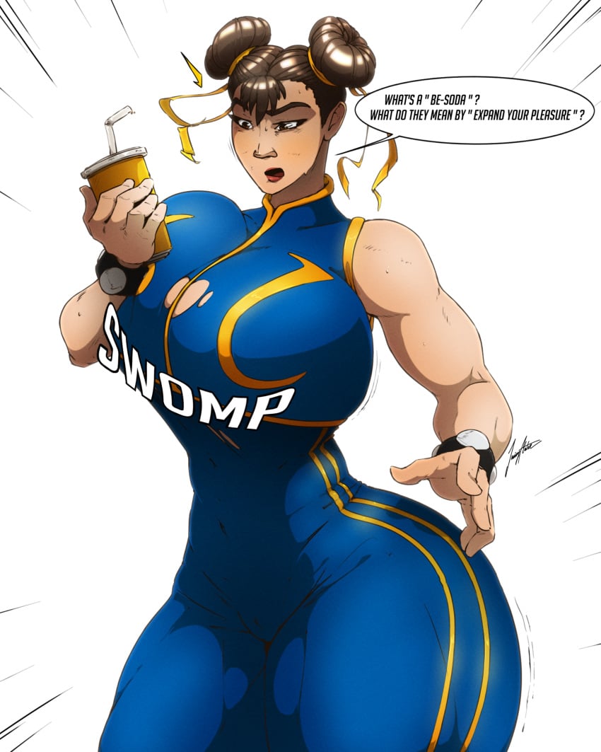 1girls asian asian_female big_ass big_breasts big_thighs breast_expansion brown_hair capcom chinese chinese_female chun-li chun-li_(street_fighter_alpha) cup dialogue east_asian east_asian_female expansion hairbun holding_cup holding_object holding_soda juicyflater light-skinned_female ripped_clothing soda street_fighter street_fighter_alpha tagme thick_thighs thin_waist