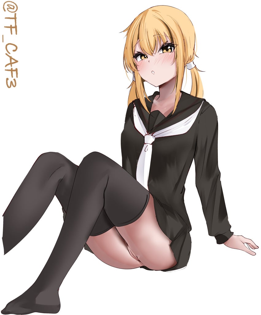 1girls absurdres black_sailor_collar black_serafuku black_shirt black_skirt black_thighhighs blonde_hair blush brown_eyes collarbone feet_out_of_frame female female_only hair_between_eyes highres kantai_collection knees_up long_hair long_sleeves looking_at_viewer low_twintails necktie no_panties no_shoes one-hour_drawing_challenge parted_lips pussy sailor_collar satsuki_(kantai_collection) school_uniform serafuku shirt simple_background sitting skirt solo solo_female tf_cafe thighhighs twintails twitter_username uncensored white_background white_necktie