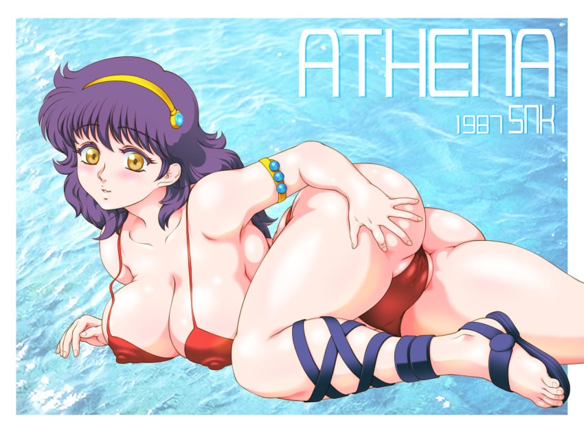 1girls ass ass_grab athena_(series) big_ass big_breasts bikini blush breast_press breasts busty cameltoe cleavage covered_nipples erect_nipples_under_clothes fat_ass feet female female_only hand_on_ass hand_on_own_ass highres large_breasts legs looking_at_viewer lying on_stomach parted_lips partially_visible_vulva pose posing princess_athena red_bikini sensual smile snk solo swimsuit the_pose thick_thighs thighs voluptuous yellow_eyes