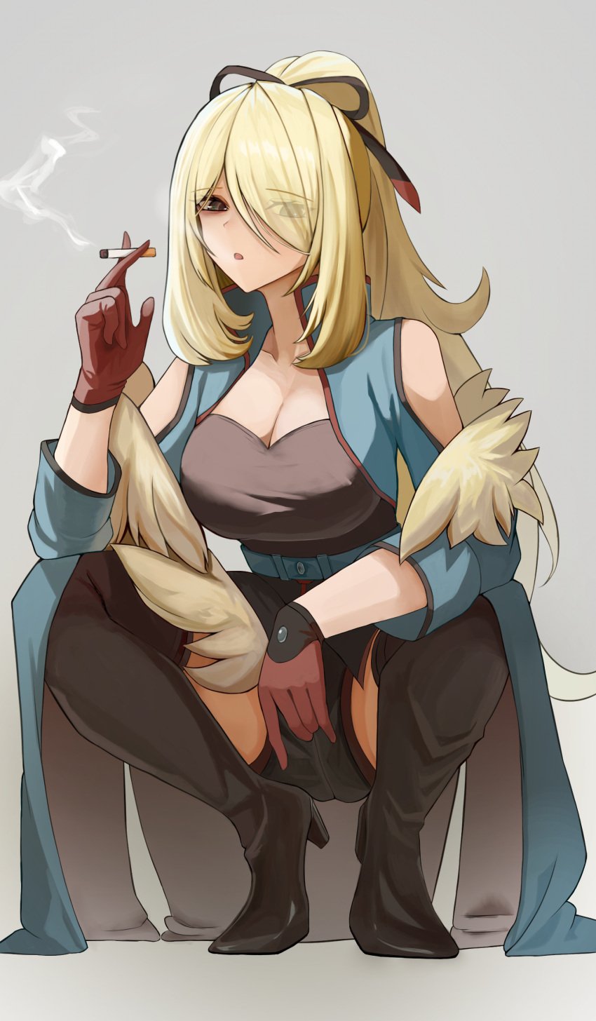 1girls blonde_hair cigarette cleavage clothed cynthia_(pokemon) female gloves heels holding_cigarette human looking_at_viewer pokemon pokemon_dppt pokemon_masters ponytail smoke smoking smoking_cigarette solo solo_female squatting thighhigh_boots vest white_skin