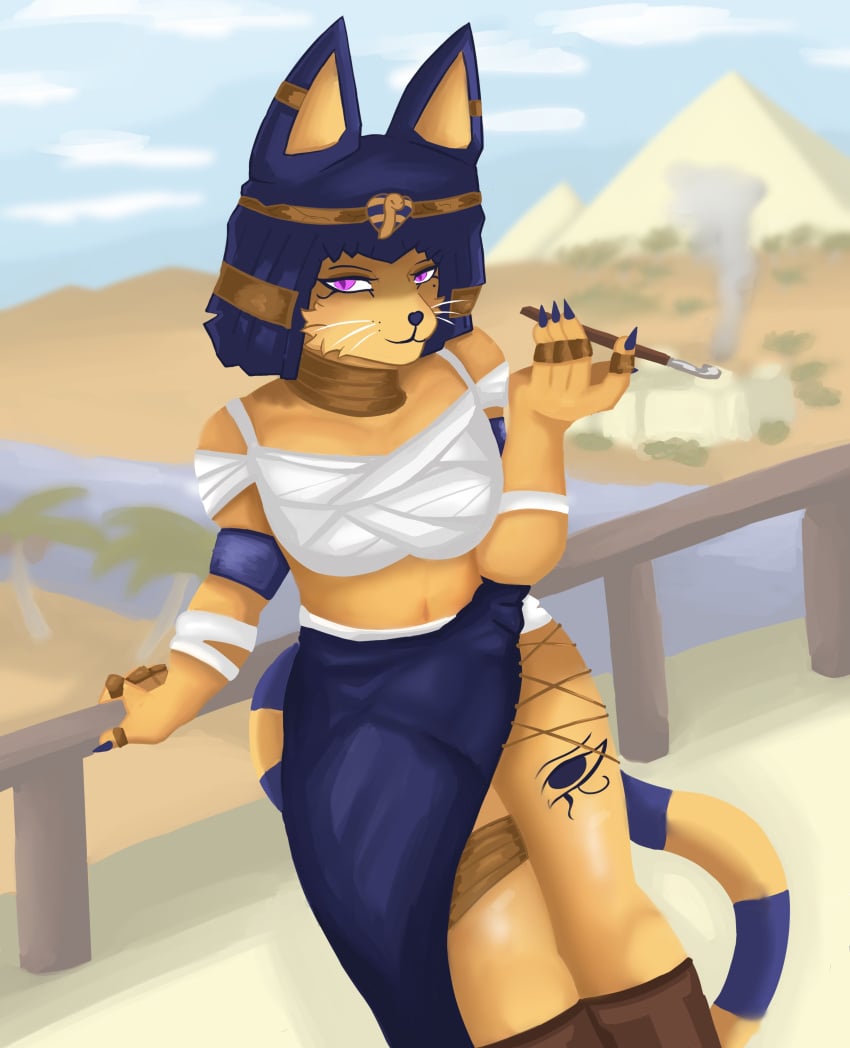 alternate_version_available animal_crossing ankha background bandage belly_button big_ears dress female female_only furry furry_female furry_only looking_at_viewer tail thighs