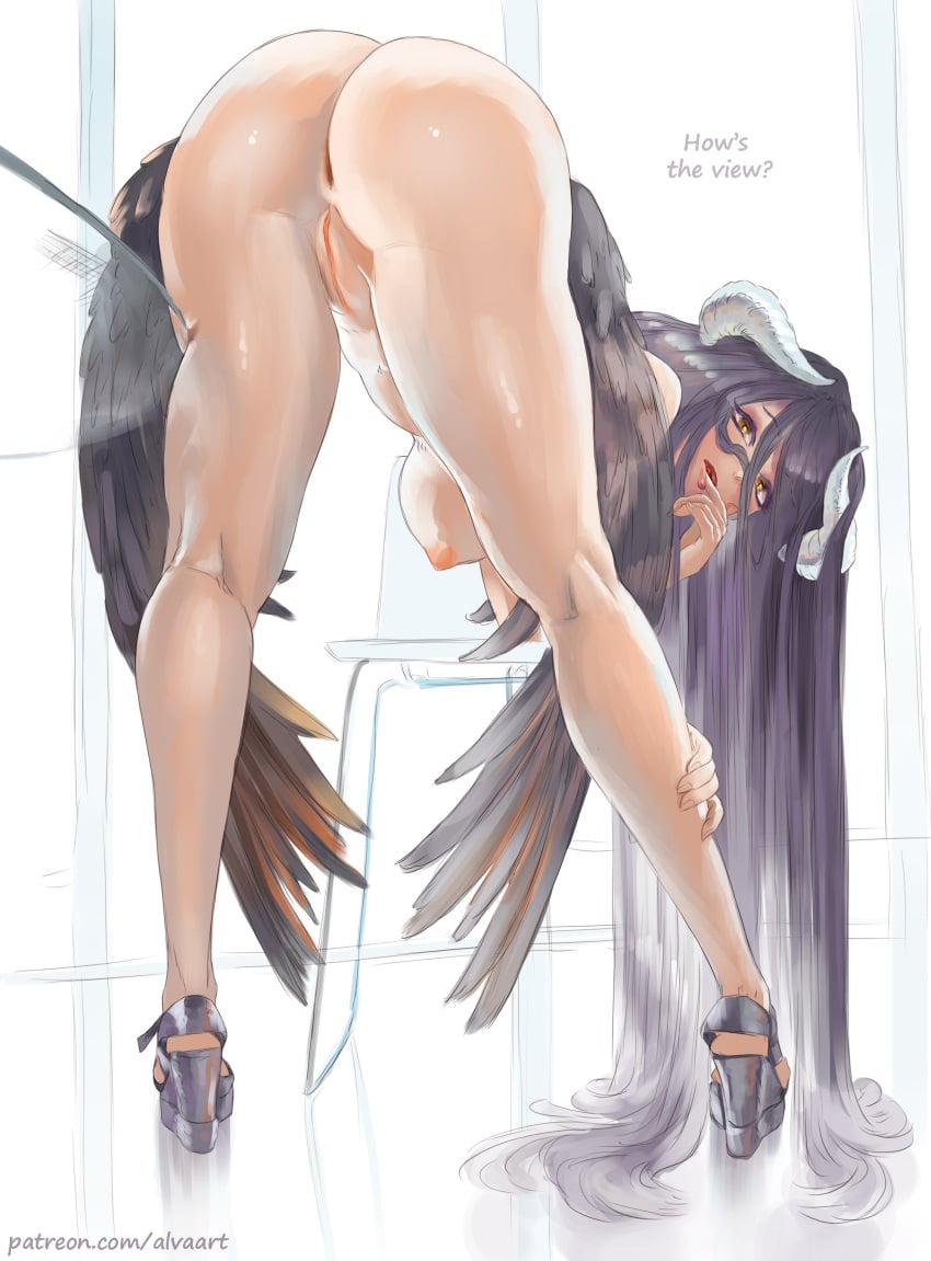 albedo_(overlord) anus artofalva ass bending_over bent_over breasts breasts_out butt_crack butt_focus female female_focus female_only high_heels horned_female horny_female long_hair long_legs nipples platform_heels pussy pussy_lips pussy_peek thighs yellow_eyes