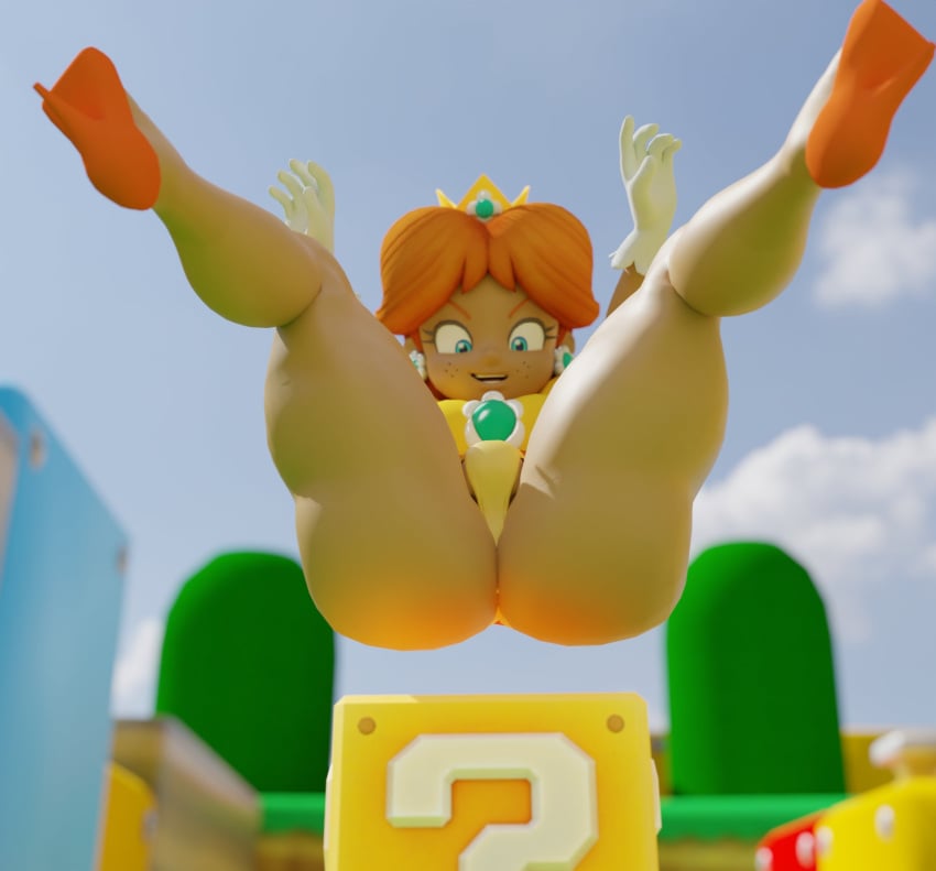 3d ass ass_focus block bubble_butt high_heels legs legs_up leotard mario_(series) orange_hair princess_daisy tan_body thick_thighs thighs thong vensaku wide_hips