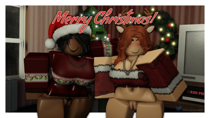 2024 2girls 3d alternate_version_at_discord alternate_version_available big_breasts black_hair blush bottomless bottomless_female breasts brown_skin christmas christmas_outfit christmas_sweater christmas_tree christmas_wreath cleavage clock clothing dark-skinned_female dark_skin earrings english_text female female_only freckles freckles_on_face half-closed_eyes half-dressed half_naked hat indoors long_hair long_sleeves looking_at_viewer midriff off_shoulder one_eye_closed orange_hair pale-skinned_female pale_skin pubic_hair pussy red_clothing red_hat red_sweater reindeer_antlers roblox robloxian santa_hat sleeves smile standing stomach sweater text thighs tube_top tubetop tv twitter_username vinarr34 watermark