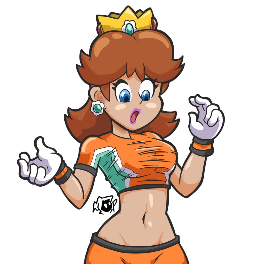 1girls belly belly_button brown_hair clothing crop_top crown going going_commando mario_(series) mario_strikers princess_daisy tan_body tanned_skin tight_clothing unknown_artist