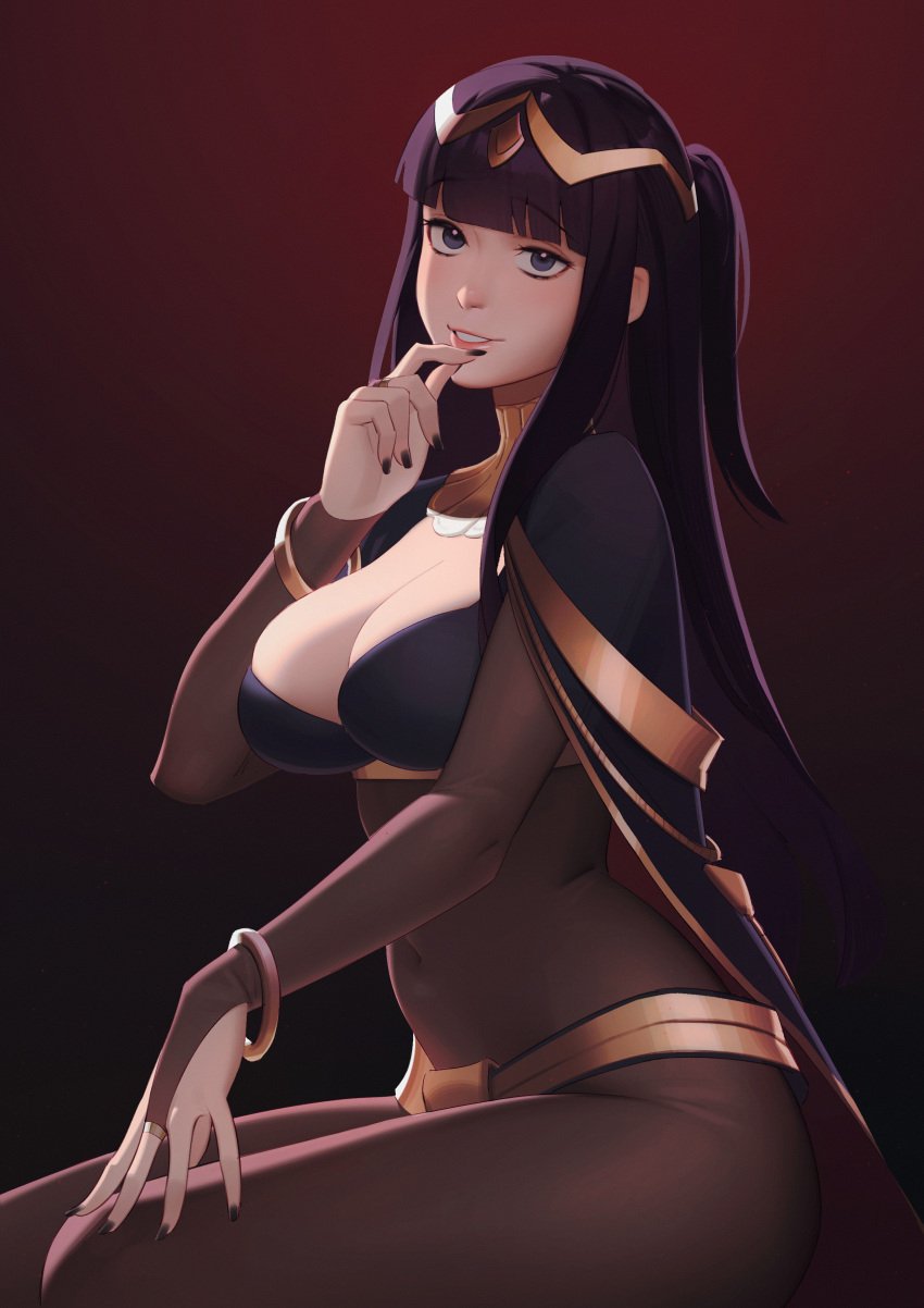 1girls big_breasts black_hair black_nails blue_eyes blunt_bangs bodystocking breasts bridal_gauntlets cape circlet cleavage dnaitari female fire_emblem fire_emblem_awakening from_side gold_jewelry gold_trim large_breasts midriff nintendo painted_nails sitting skin_tight skindentation solo tharja_(fire_emblem) thighs tight_clothing two_side_up