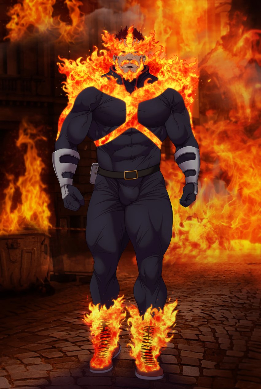 1boy abs bara beard beefy belt belt_pouch biceps big_breasts big_bulge blue_eyes boku_no_hero_academia boots bracelet bulge bulge_through_clothing burning burning_building burning_clothes clenched_hand clothed daddy dark_lighting dilf endeavor_(boku_no_hero_academia) endeavor_(my_hero_academia) enji_todoroki fire flame full_body fully_clothed gloves hero_outfit_(mha) hi_res hunk looking_at_viewer male male_breasts male_only manly mature_male moustache muscles muscular muscular_arms muscular_legs muscular_male muscular_thighs my_hero_academia on_fire oppai outdoors pecs quadriceps quirk_(mha) realistic_background realistic_textures red_hair ryans short_hair six_pack solo standing thick_arms thick_neck thick_thighs thunder_thighs tight_clothing tiled_floor tough_guy veiny_arms veiny_muscles walking wrestling_boots