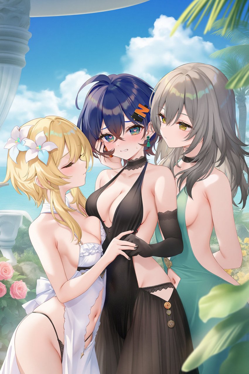 3girls artist_request belle_(zenless_zone_zero) breasts cleavage closed_eyes dress female female_focus female_only genshin_impact heart-shaped_pupils hi_res honkai:_star_rail light-skinned_female light_skin lumine_(genshin_impact) mihoyo multiple_girls sideboob stelle_(honkai:_star_rail) thighs trailblazer_(honkai:_star_rail) wide_hips zenless_zone_zero