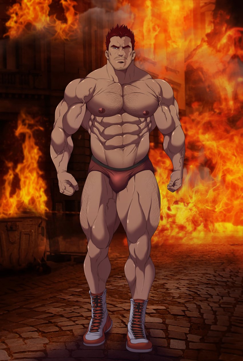 1boy abs bara beard_stubble beefy biceps big_areola big_breasts big_bulge blue_eyes boku_no_hero_academia boots briefs bulge bulge_through_clothing burn_scar burning burning_building chest_hair clenched_hand daddy dark_lighting dilf endeavor_(boku_no_hero_academia) endeavor_(my_hero_academia) enji_todoroki fire flame frown full_body happy_trail hi_res hunk leg_hair looking_at_viewer male male_breasts male_only manly mature_male muscles muscular muscular_arms muscular_legs muscular_male muscular_thighs mustache_stubble my_hero_academia navel on_fire one_eye_closed oppai outdoors pecs quadriceps realistic_background realistic_textures red_hair ryans scar scar_on_face short_hair six_pack smirk solo standing thick_arms thick_eyebrows thick_neck thick_thighs thunder_thighs tiled_floor topless tough_guy veiny_arms veiny_legs veiny_muscles walking wrestling_boots