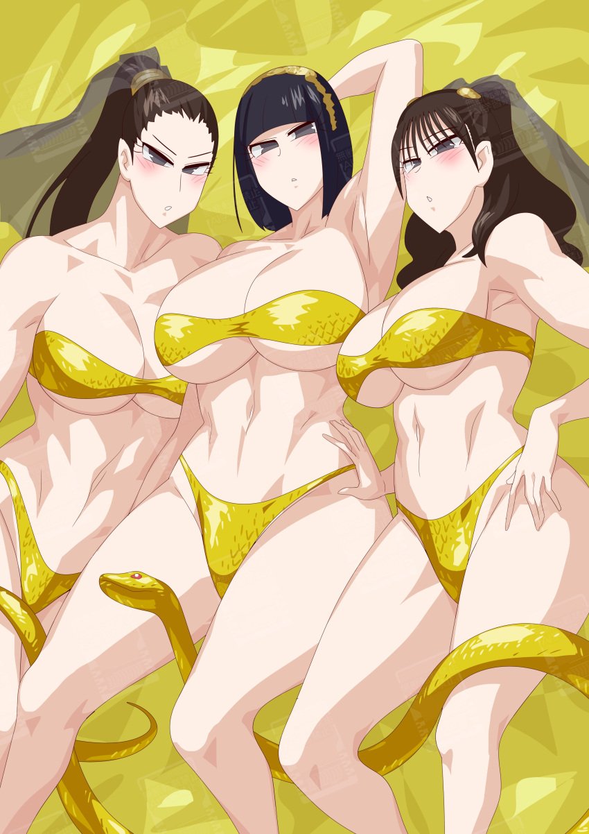 3girls atropos_(kamen_rider_gotchard) barely_clothed big_breasts black_hair brown_hair clotho_(kamen_rider_gotchard) female female_only gold_bikini kamen_rider kamen_rider_gotchard_(series) lachesis_(kamen_rider_gotchard) otokam1117 scales snake twintails