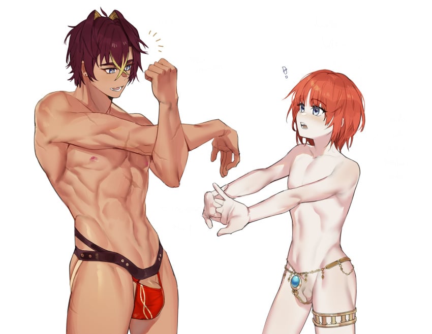 bana_gameg blue_eyes brown_hair bulge bulge_through_clothing dehya_(genshin_impact) femboy g-string gay genderswap_(ftm) genitals hunk jewelry jockstrap muscles nilou_(genshin_impact) penis_bulge penis_visible_through_clothing red_hair rule_63 size_difference stretching surprised thigh_strap twink twunk uncircumcised uncut