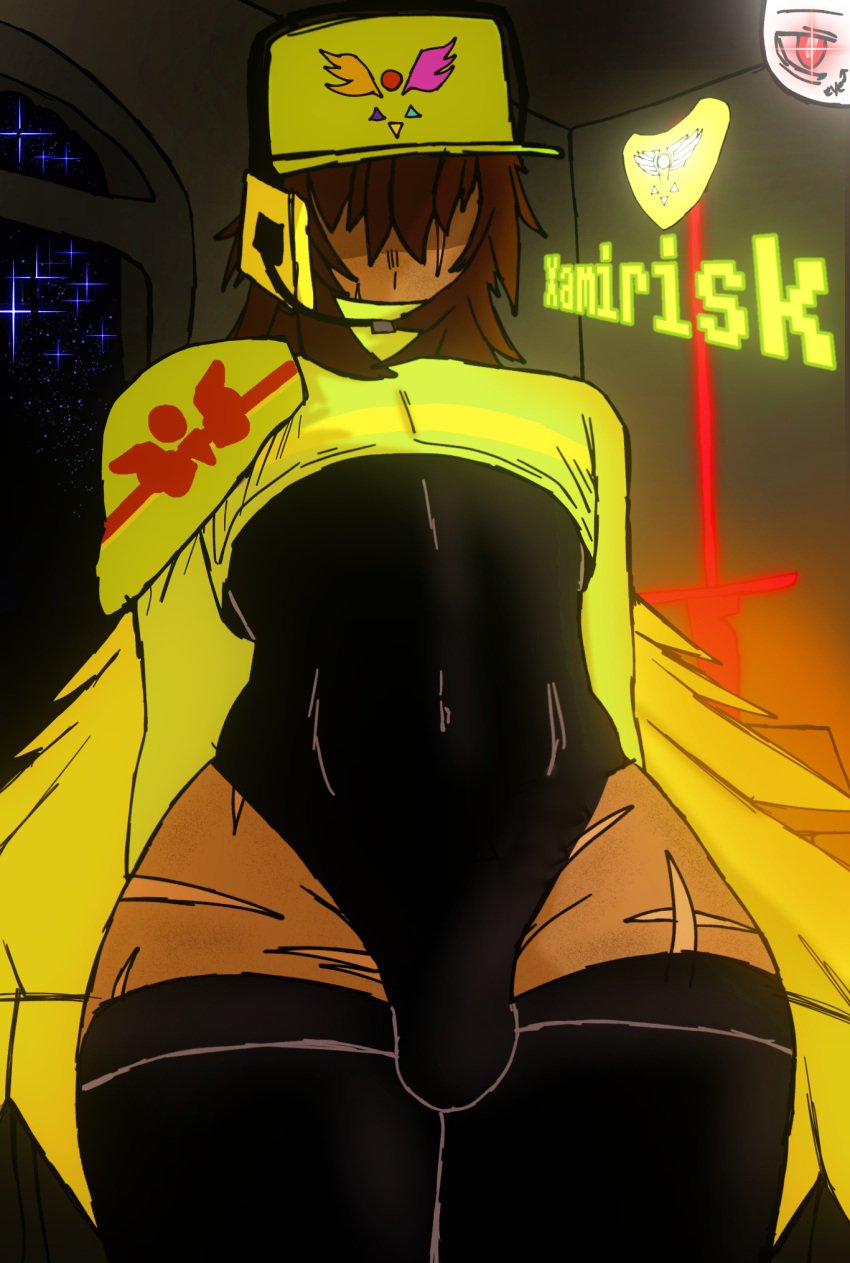 1boy bulge bulge_through_clothing cape crop_top dark-skinned_femboy dark_skin deltarune english_text femboy femboy_only hair_covering_eyes kris_(deltarune) leotard male male_only no_eyes parkretura scars scars_all_over sissy text thebushmenace thighhighs undertale undertale_au varmixtale we xamirisk