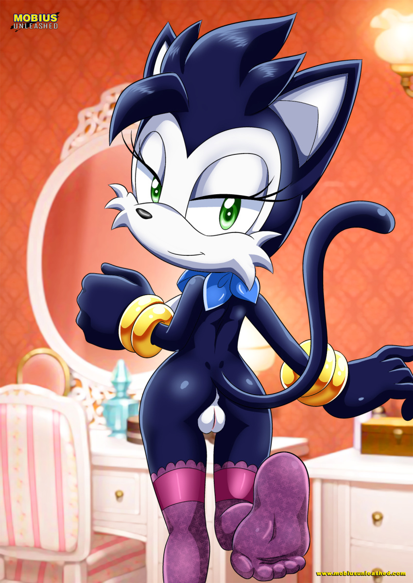 archie_comics ass bedroom black_fur female furry furry_only hershey_the_cat lace legwear looking_back mobius_unleashed pussy smile sonic_(series)