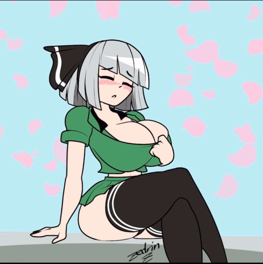 big_breasts closed_eyes hot short_skirt sweat thick_thighs thighhighs touhou youmu_konpaku zedrin