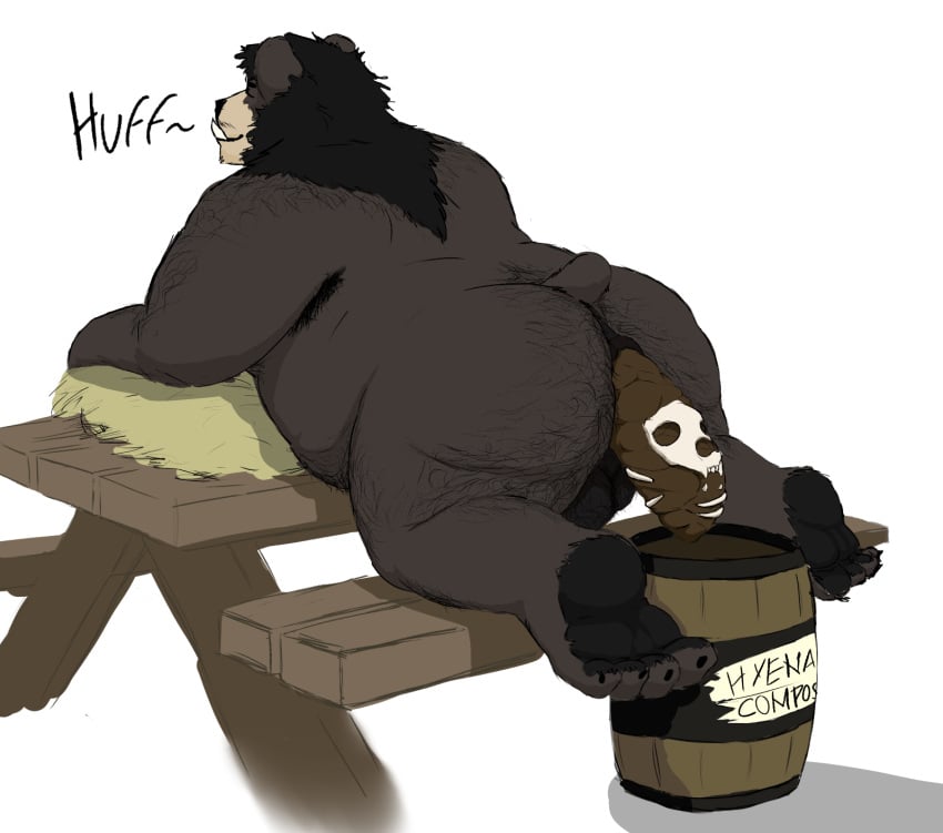 adrian_dough after_vore anthro ass backsack balls barrel bear bearnard_adams bench bent_over big_butt black_bear body_hair bone breath butt_hair closed_eyes container curling_toes feces feces_in_ass feet furniture genitals hairy hay hi_res hindpaw looking_pleasured male mammal overweight panting pawpads paws picnic_table pubes scat short_tail skull solo table tail tusks ursine vore