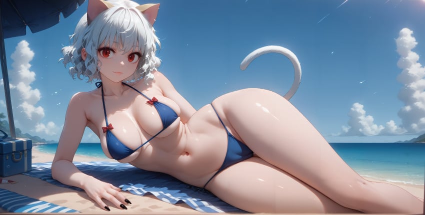 4_fingers ai_generated bikini cat_ears cat_tail female hunter_x_hunter neferpitou red_eyes stable_diffusion tagme white_hair zang3tsu