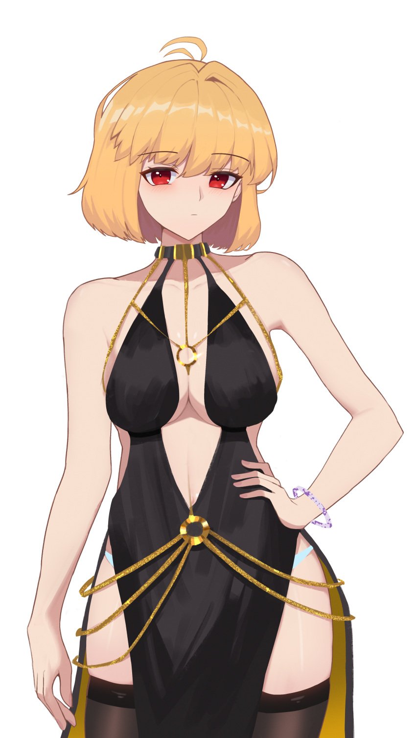 1girls alternate_breast_size arcueid_brunestud arrogant bare_shoulders bb_(fate) bb_dubai_(fate) bb_dubai_(fate)_(cosplay) belly_chain black_dress blonde_hair blush breasts breasts_bigger_than_head center_opening chains cleavage clothed dress fate/grand_order fate_(series) female girl_focus gold_chain hand_on_hip hips jewelry kaworu13 large_breasts looking_at_viewer melty_blood necklace panties panties_visible_through_clothing posing posing_for_the_viewer red_eyes short_hair side_slit solo thick_thighs thighs top_heavy tsukihime type-moon vampire_girl wide_hips yellow_ribbon