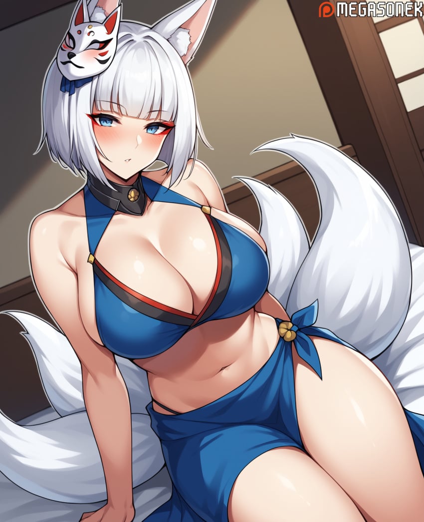 ai_generated animal_ears azur_lane bangs bare_shoulders bikini blue_bikini blue_eyes blunt_bangs blush breasts cleavage collar collarbone eyeliner female fox_ears fox_girl fox_mask fox_tail kaga_(azur_lane) large_breasts looking_at_viewer makeup mask mask_on_head megasonek multiple_tails navel parted_lips patreon_username short_hair sitting solo swimsuit tail thighs watermark white_hair