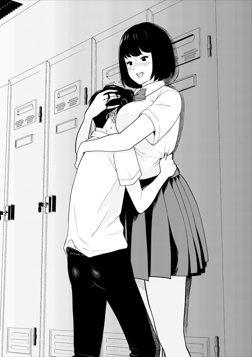 1boy 1girls big big_breasts bigger_female black_hair breasts clothed clothed_female clothed_male comforting comforting_another couple domination embracing embracing_another embracing_each_other female_domination femdom gentle_femdom head_between_breasts height_difference hug larger_female mommydom shorter_male size_difference smaller_male wholesome