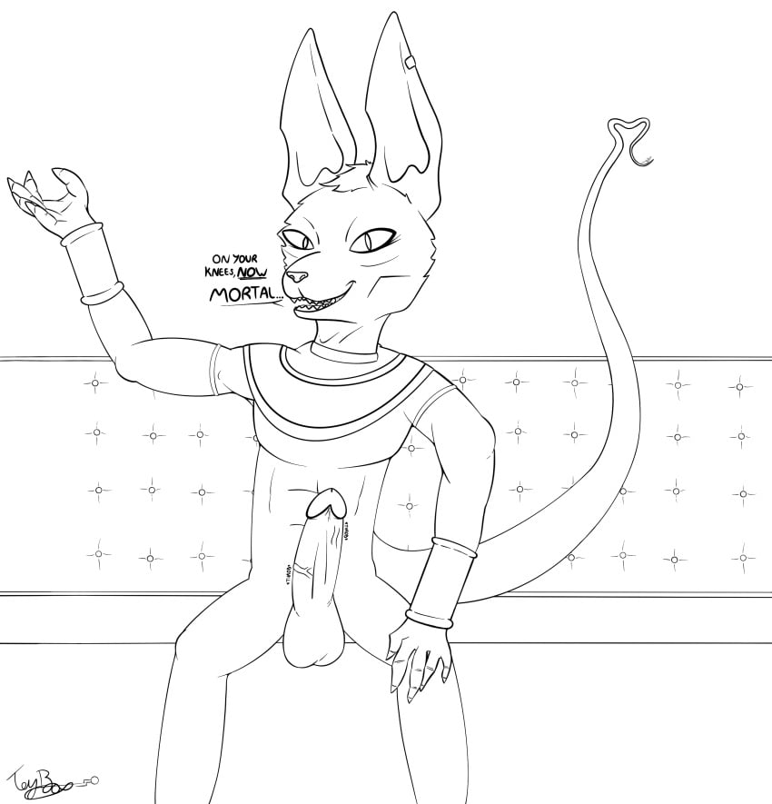 absurd_res anthro balls beerus dialogue domestic_cat dragon_ball dragon_ball_super felid feline felis furiousfox genitals hairless hairless_cat hi_res humanoid_genitalia humanoid_penis jewelry looking_at_viewer male male_focus male_only mammal monochrome penis sitting solo solo_male sphynx_(cat) spread_legs spreading tail