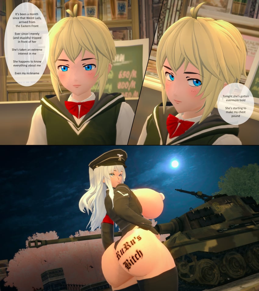 1boy 1boy1girl 1girls 3d 3d_(artwork) 3d_model age_difference ass ass_focus ass_tattoo bigger_female blonde_hair blue_eyes clothing female gloves hoodie huge_ass huge_breasts human koikatsu leotard long_hair long_sleeves male/female military_uniform moon moonlight nazi nazi_uniform nipple_suspension_bikini size_difference smaller_male smile smiling tank tattoo thick_thighs tie uniform vest voluptuous white_hair wide_hips