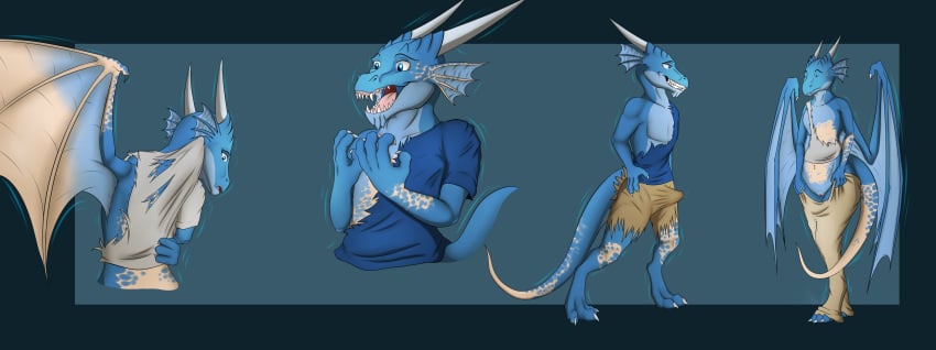 2016 akula anthro blue_scales bulge clothed clothing curus_keel dragon duo eye_contact female gender_transformation male partially_clothed pussy scales scalie sequence shaded standing tenting tomek1000 transformation