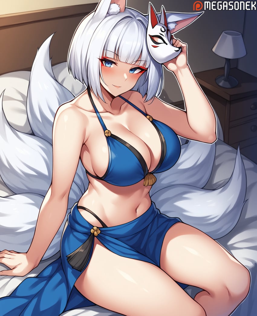 ai_generated animal_ear_fluff animal_ears azur_lane bangs bare_shoulders bed bikini blue_bikini blue_eyes blunt_bangs blush breasts cleavage closed_mouth collarbone female fox_ears fox_girl fox_mask fox_tail holding holding_mask indoors kaga_(azur_lane) lamp large_breasts looking_at_viewer mask mask_on_head megasonek multiple_tails navel on_bed patreon_username short_hair sitting smile solo swimsuit tail thighs watermark white_hair