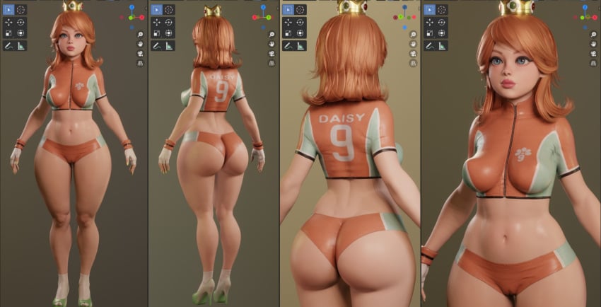 1girls 3d ass ass_cheeks belly belly_button big_ass big_butt bimbo bimbofication booty booty_shorts brown_hair bubble_ass bubble_butt cheek_tuft crop_top different_angle female high_heels human legs light_skin mario_(series) mario_strikers model_sheet multiple_views princess princess_daisy royalty short_hair shorts thick_thighs thighs wide_hips