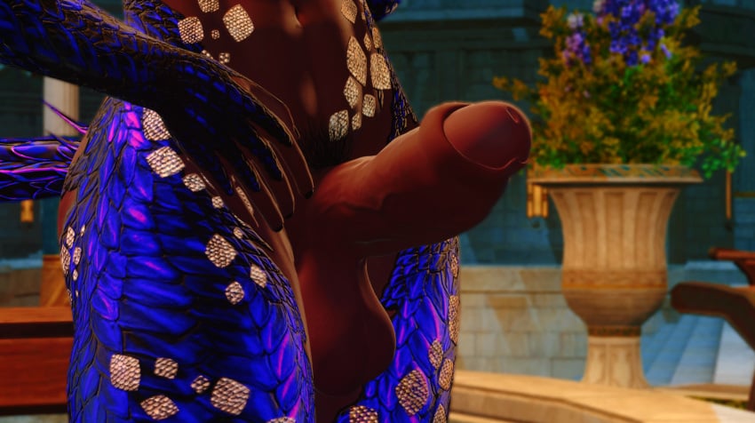 3d au_ra cock_focus dark-skinned_female final_fantasy final_fantasy_xiv flowers fountain futa_only futanari gold_scales gpose(ffxiv) large_penis muscular_female purple_scales testicles thighs water