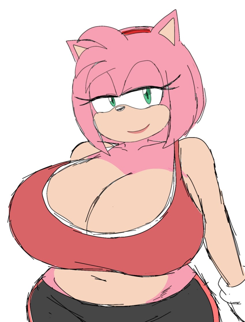 amy_rose anthro big_breasts curvy_female leggings momiji_(artist) seductive_eyes seductive_smile sonic_(series) sonic_the_hedgehog_(series) sports_bra sports_uniform