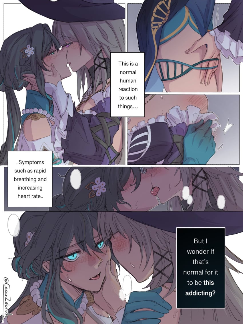 2girls blush cesarzebrah clothed comic groping hand_on_face honkai:_star_rail honkai_(series) hoyoverse kissing open_mouth ruan_mei_(honkai:_star_rail) sweat text the_herta_(honkai:_star_rail) yuri