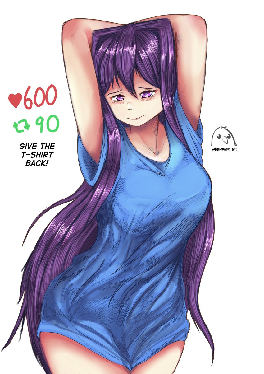 1female 1girls bluekapo breasts doki_doki_literature_club english_text female long_hair purple_eyes purple_hair shirt stolen_clothes strip_game t-shirt text wearing_others_clothes yuri_(doki_doki_literature_club)