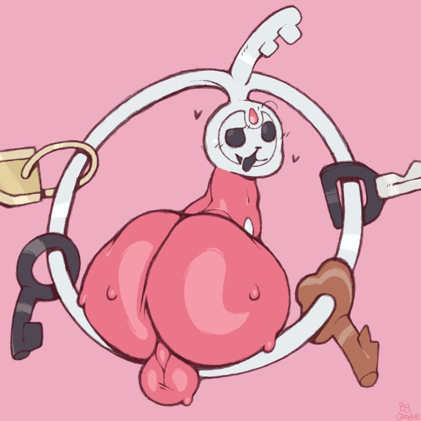 1:1 artist_name ass backsack balls big_butt black_eyes blush bodily_fluids digital_media_(artwork) eyebrows forehead_gem fupperbottom gem generation_6_pokemon genitals heart_symbol hi_res huge_butt humanoid key klefki looking_at_viewer looking_back male nintendo open_mouth open_smile pink_background pink_body pokemon pokemon_(species) pokemorph raised_eyebrow rear_view simple_background smile solo sweat sweaty_butt