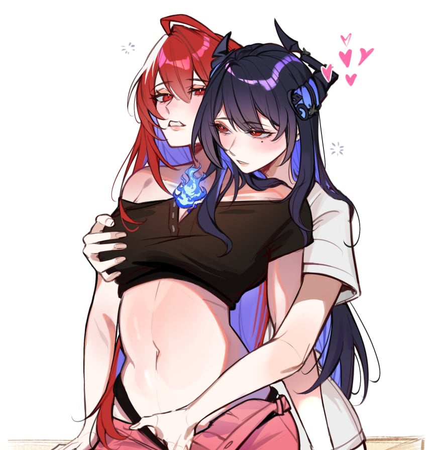 2girls ahoge amlichan blue_fire breasts colored_inner_hair crop_top demon_horns elizabeth_rose_bloodflame fingering fire grabbing_another's_breast grabbing_from_behind groping hand_in_another's_panties hand_in_panties highres hololive hololive_english hololive_english_-advent- hololive_english_-justice- horns huge_ahoge large_breasts long_hair multicolored_hair multiple_girls nerissa_ravencroft panties reach-around red_eyes red_hair underwear very_long_hair virtual_youtuber yuri