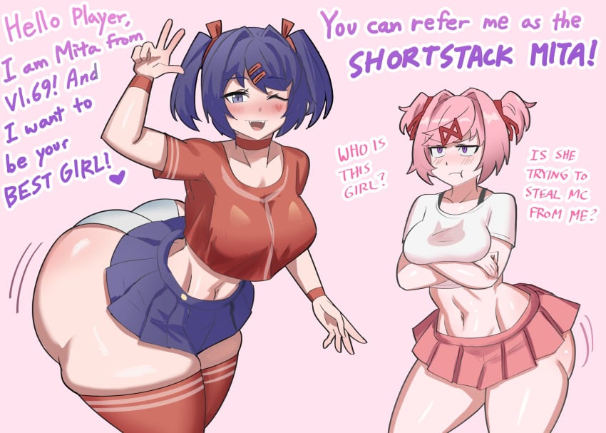 2girls ass big_ass breasts bubble_butt dat_ass doki_doki_literature_club fat_ass female female_only huge_ass large_ass looking_at_viewer miside mita_(miside) natsuki_(doki_doki_literature_club) thick_ass ytrall