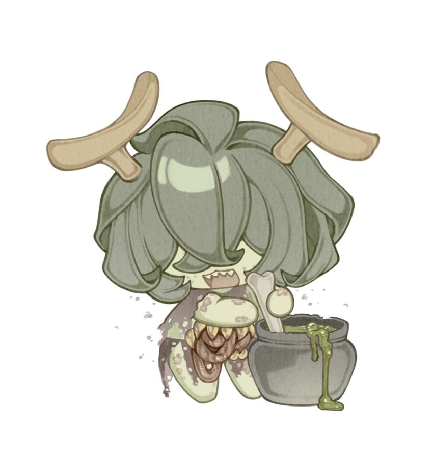 bone bug cauldron chibi chibi_only chinese_commentary colored_skin commentary_request female fly freckles green_hair green_skin guro highres holding holding_bone intestines monster_girl nurgle open_mouth simple_background smile solo stirring warhammer_40k white_background yigeweiren607