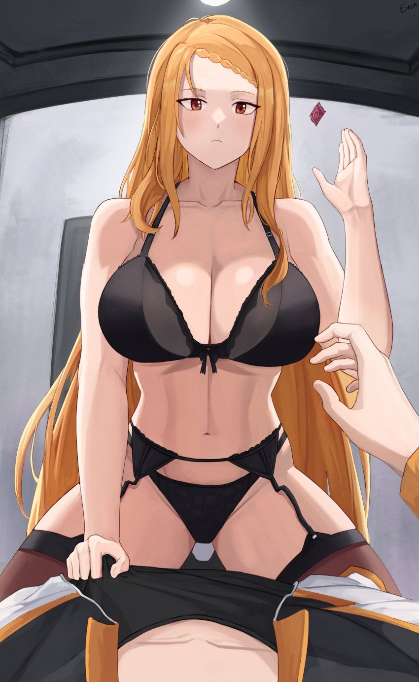 akihitoevon assertive_female bare_arms bare_belly bare_shoulders belly_button big_breasts black_bra black_panties blush bow_bra bra braid breasts cleavage closed_mouth collarbone condom cowgirl_position garter_belt garter_straps indoors lingerie long_hair natsuki_subaru orange_hair panties priscilla_barielle re:zero_kara_hajimeru_isekai_seikatsu red_eyes thick_thighs thighhighs thighs underwear