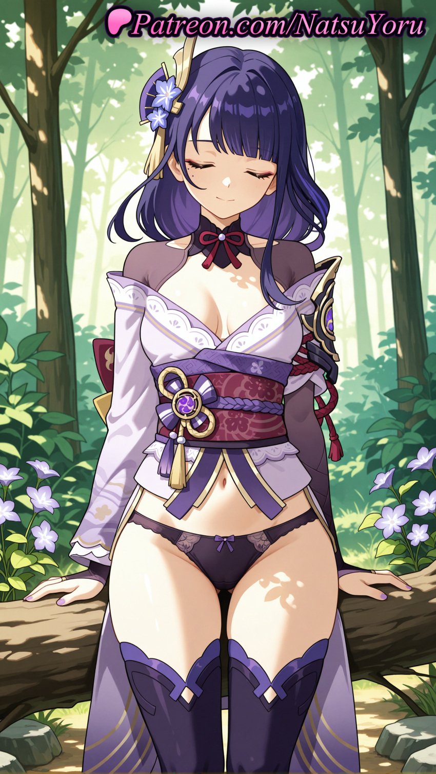 1girls ai_generated anime anime_style armor ass_visible_through_thighs bangs black_panties blunt_bangs bow bow_panties braid braided_ponytail breasts bridal_gauntlets bust busty cameltoe cleavage closed_eyes closed_mouth cowboy_shot day facing_viewer female_focus female_only flower flowers forest genshin_impact hair_flower hair_ornament hi_res high_quality high_resolution highres japanese_clothes kimono lace-trimmed_panties lace_trim large_breasts long_hair long_sleeves medium_breasts mitsudomoe_(shape) mole mole_under_eye nail_polish natsuyoru nature navel no_pants obi obiage obijime off_shoulder outdoors panties pantsu patreon purple_flower purple_hair purple_kimono purple_nails purple_panties purple_thighhighs raiden_shogun sash shoulder_armor shrug_(clothing) sitting smile solo solo_female stomach tassel thigh_gap thighhighs thighs tomoe_(symbol) tree underwear vision_(genshin_impact) voluptuous voluptuous_female wafuku