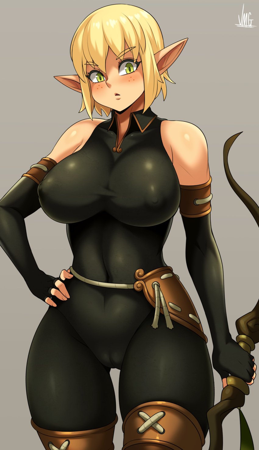 1girls 2020 2020s 5_fingers alternate_version_at_source alternate_version_available big_breasts black_bodysuit black_clothing black_gloves black_rubber blonde_eyebrows blonde_hair bodysuit bow_(weapon) breasts cameltoe clothing elf elf_ears elf_female elf_girl evangelyne female female_focus female_only freckles gloves green_eyes holding_bow_(weapon) holding_object humanoid jmg light-skinned_female long_gloves navel_line nipple_bulge nipples_visible_through_clothing open_eyes open_mouth png pointy_ears rope_belt rubber rubber_clothing rubber_gloves rubber_suit shiny_clothes signature solo standing thick_thighs tight_clothing voluptuous_female wakfu