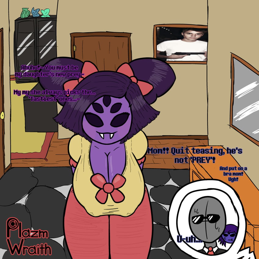 5_eyes anon big_breasts clothed clothing fangs female hanging_breasts milf milffet monster_girl muffet nipple_bulge nipples_visible_through_clothing original_character plazmwraith spider_girl tagme undertale undertale_(series)