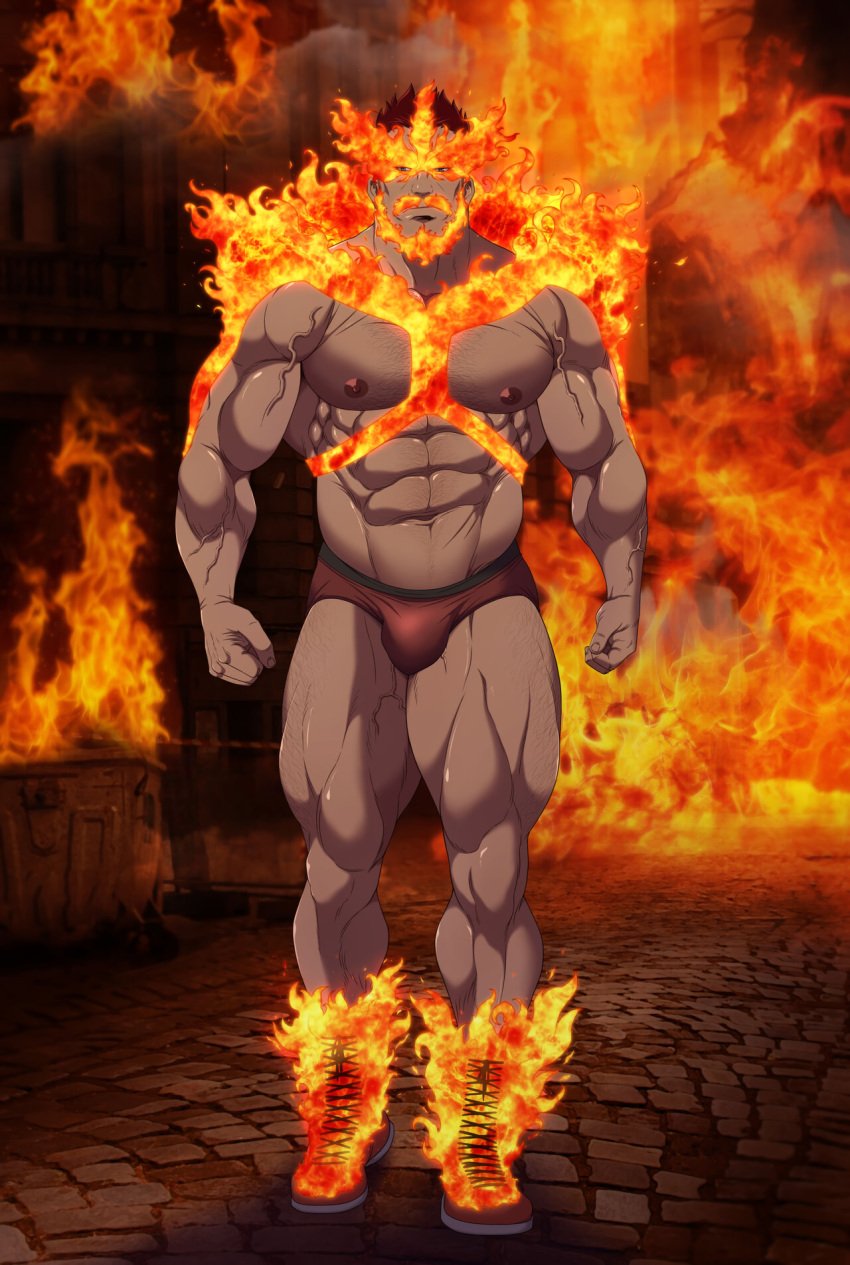 1boy abs bara beard beefy biceps big_areola big_breasts big_bulge blue_eyes boku_no_hero_academia boots briefs bulge bulge_through_clothing burning burning_building burning_clothes chest_hair clenched_hand daddy dark_lighting dilf endeavor_(boku_no_hero_academia) endeavor_(my_hero_academia) enji_todoroki fire flame full_body hairy happy_trail hi_res hunk leg_hair looking_at_viewer male male_breasts male_only manly mature_male moustache muscles muscular muscular_arms muscular_legs muscular_male muscular_thighs my_hero_academia navel on_fire oppai outdoors pecs quadriceps quirk_(mha) realistic_background realistic_textures red_hair ryans short_hair six_pack solo standing thick_arms thick_neck thick_thighs thunder_thighs tiled_floor topless tough_guy veiny_arms veiny_legs veiny_muscles walking wrestling_boots