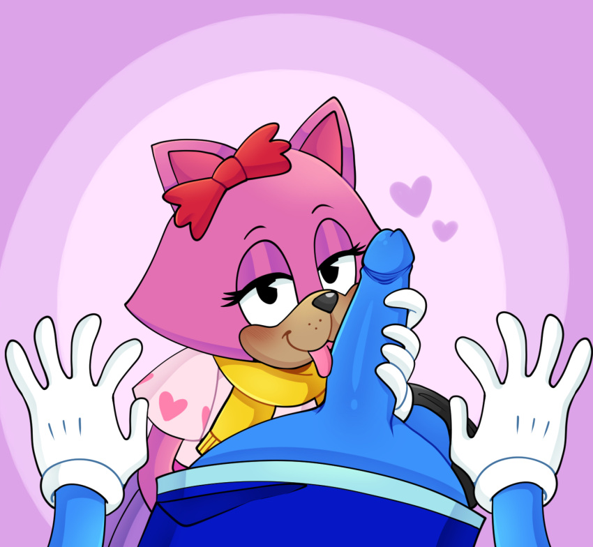 blowjob blue_fur blush dick feline furry glasses gloves licking_penis ninotrash pancake_(toontown) penis_grab penis_lick penis_out pink_fur scarf seductive tongue toontown_cat toontown_corporate_clash toontown_online toony