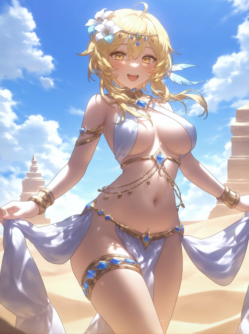 :d absurd_res ahoge ai_generated alternate_costume arabian_clothes armlet bangle bare_shoulders beach belly_chain blonde_hair blue_gemstone blue_sky blush bracelet breasts breasts_apart brooch circlet cleavage cloud cowboy_shot dancer day desert feather_hair_ornament feathers female floating_hair flower gem genshin_impact gold gold_chain hair_between_eyes hair_flower hair_ornament halterneck harem_outfit jewelry large_breasts lily_\(flower\) loincloth looking_at_viewer lumine_(genshin_impact) medium_breasts medium_hair ministro navel neck_ring open_mouth outdoors pelvic_curtain revealing_clothes sand short_hair_with_long_locks sidelocks skirt_hold sky smile solo standing stomach teeth thighlet thighs underboob upper_teeth_only white_flower yellow_eyes