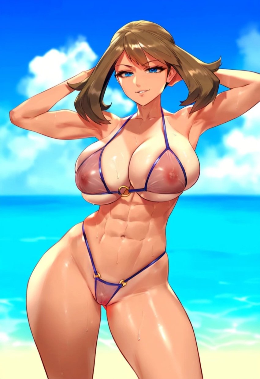 1girls abs ai_generated bare_arms bare_legs bare_shoulders bare_thighs beach big_breasts big_penis bikini bikini_bottom bikini_top brown_hair clothed clothing color female female_focus female_only fit_female game_freak hi_res looking_at_viewer may_(pokemon) muscles muscular muscular_female nintendo pokemon pokemon_rse pokemon_trainer sand sea solo solo_female thick_thighs water