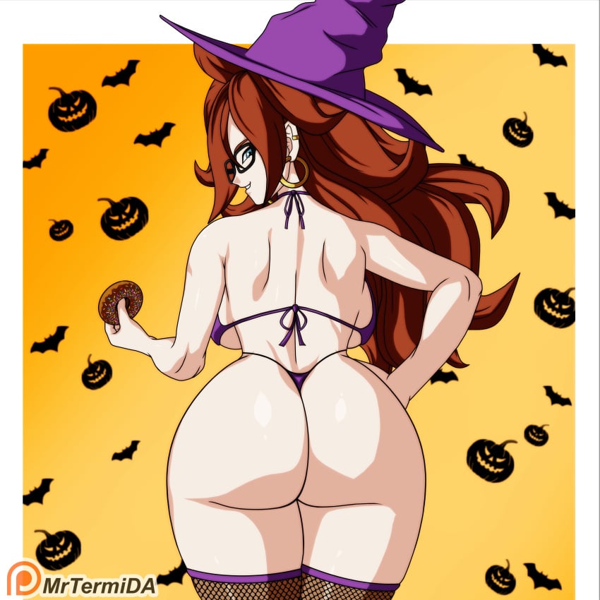 1girl 1girls android_21 android_21_(human) arc_system_works ass ass_focus auburn_hair blue_eyes brown_hair donut doughnut dragon_ball dragon_ball_fighterz dragon_ball_super dragon_ball_z earrings fishnet_legwear fishnet_stockings fishnets food glasses halloween halloween_costume halloween_theme hand_on_hip hand_on_waist holding_food long_hair looking_at_viewer looking_back mature_female milf mrtermida orange_background part_of_a_series part_of_a_set shounen_jump shueisha solo solo_female solo_focus thighhighs vomi_(dragon_ball) witch_hat