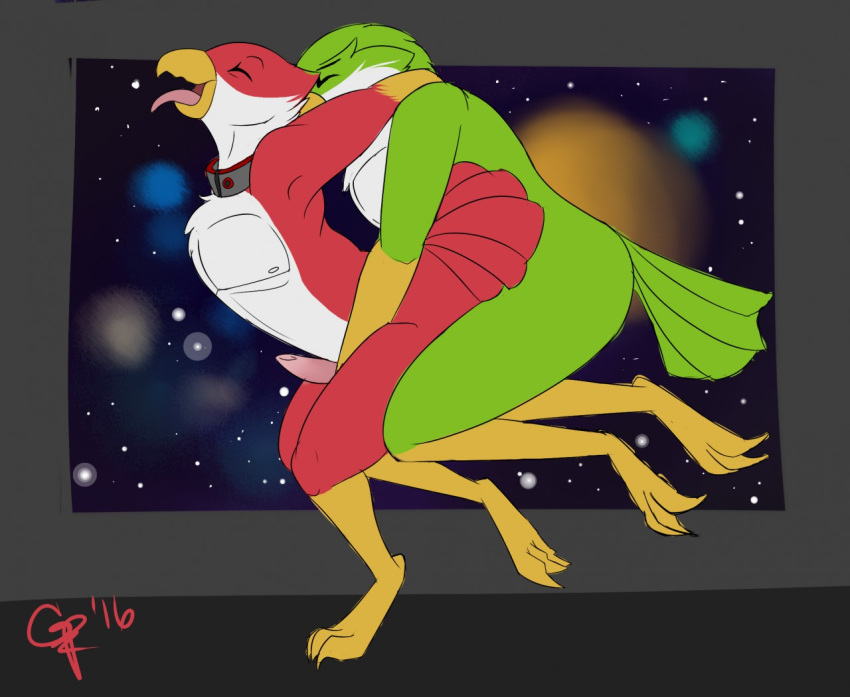 anal anal_sex askos avian avian_(starbound) collar duo feathers gerpuppy green_feathers maladash male nude open_mouth penetration penis red_feathers space space_background star starbound tail_feathers talons tongue video_games white_feathers yaoi