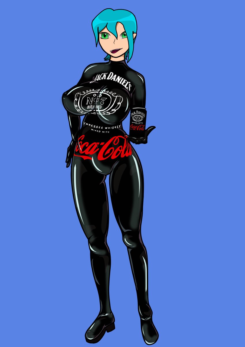 big_breasts blue_hair can coca-cola eronsfw green_eyes jack_daniel's latex latex_bodysuit latex_suit oc presenting rubber_boots rubber_suit simple_background tight_clothing tight_fit