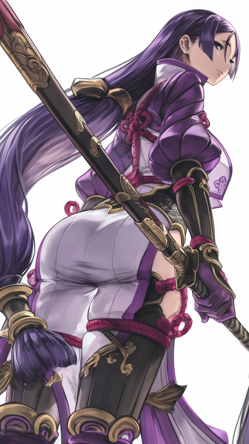 1girls 2025 absurd_res arm_guards ass back_view breasts closed_mouth clothing_request digital_drawing_(artwork) digital_media_(artwork) fate/grand_order fate_(series) female female_focus female_only from_below fully_clothed highres holding holding_object holding_sword holding_weapon huge_ass japanese japanese_female katana koko_0316a long_hair long_sleeves looking_back mature mature_female milf milfs minamoto_no_raikou_(fate/grand_order) older_female purple_eyes purple_hair simple_background solo solo_female solo_focus standing sword tight_clothing turning_head very_long_hair video_game_character video_games white_background