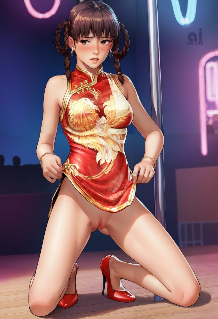 ai_assisted ai_couture ai_generated brown_eyes brown_hair china_dress chinese_clothes dead_or_alive dead_or_alive_5 dead_or_alive_xtreme_beach_volleyball dead_or_alive_xtreme_venus_vacation dress embarrassed embarrassed_nude_female enf hair_rings humiliated humiliation lei_fang lifting_dress lifting_own_clothes lifting_skirt pole pole_dancing public_exposure public_nudity pussy reluctant team_ninja tecmo twin_braids